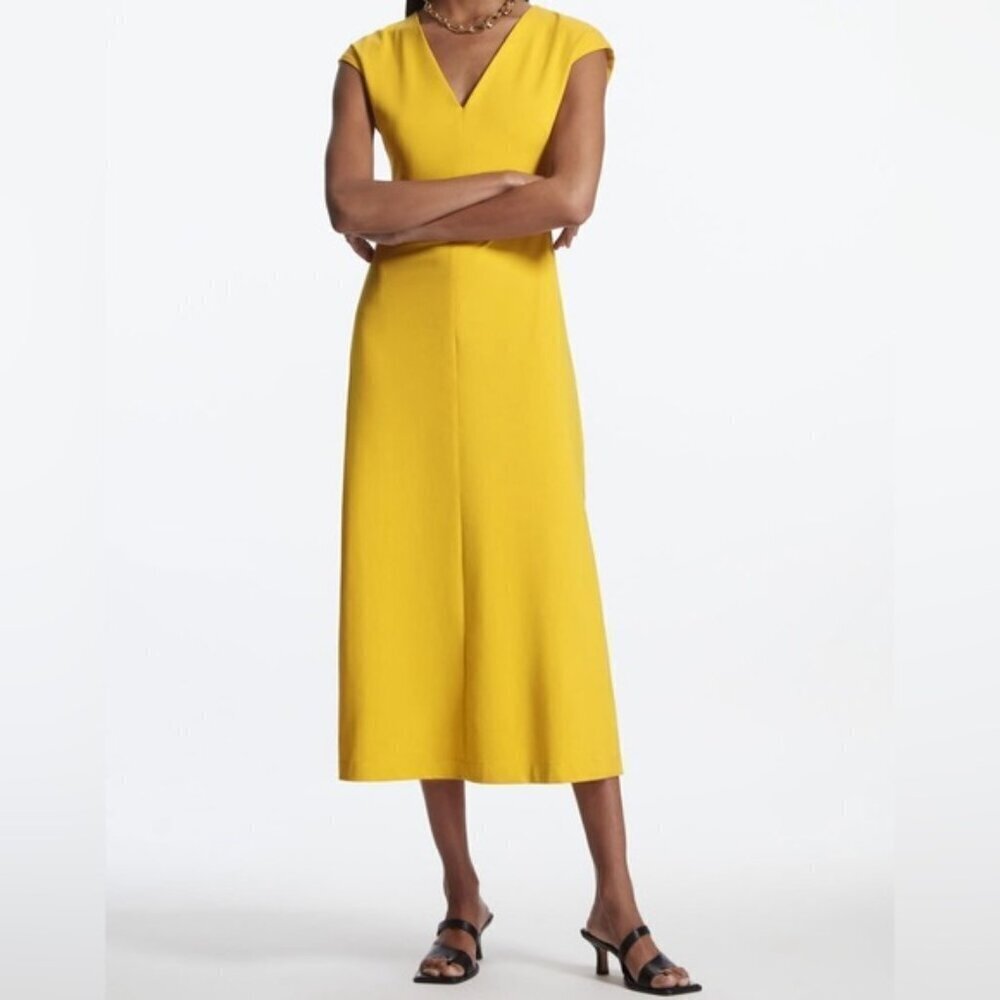 COS Cotton Elasticated Bright Yellow V-Neck Midi Dress XS